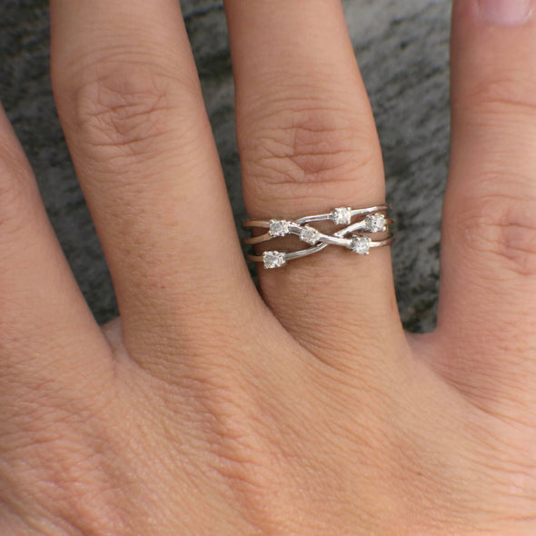 14K White Gold Diamond Branch Ring Band Multi Row Minimalist Stacking Ring
