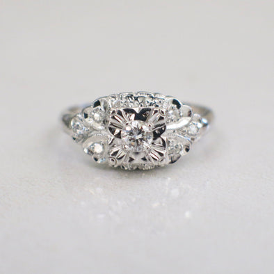 Vintage Diamond Engagement Ring 14K White Gold Milgrain Alternative Bridal