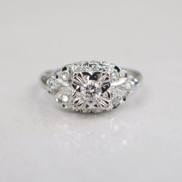 Vintage Diamond Engagement Ring 14K White Gold Milgrain Alternative Bridal