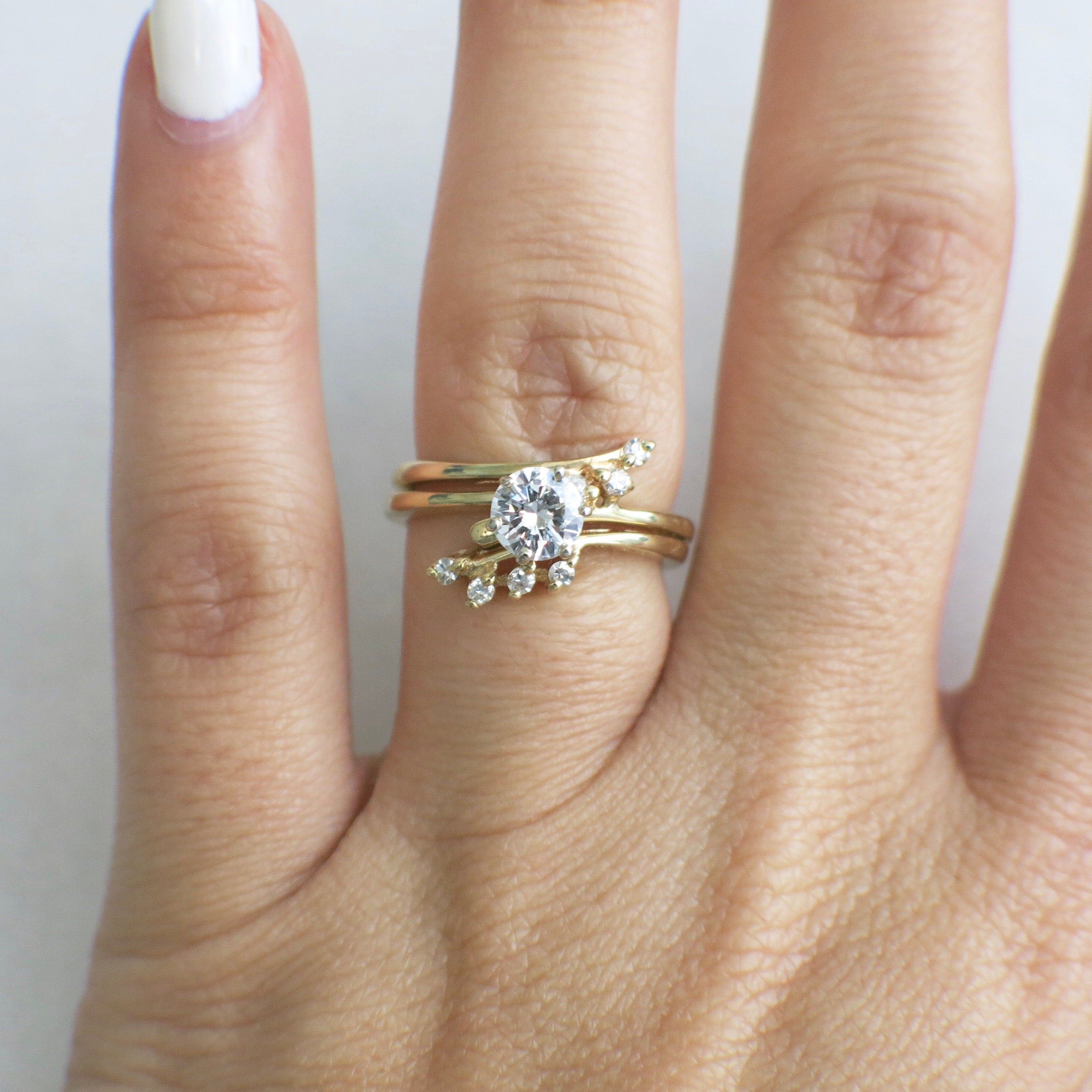 Vintage 14K Yellow Gold Diamond Engagement Ring – Double Band Leaf Design, .67 CTW, Size 5.5 - Black Market LLC