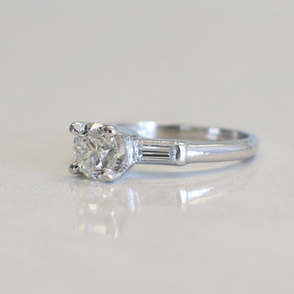 Platinum Three Stone Diamond Engagement Ring | Vintage Round & Baguette 1.06 CTW Size 6