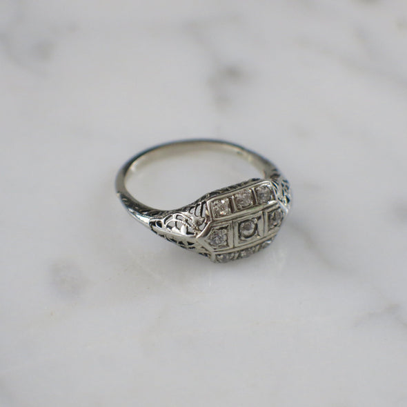 Art Deco Diamond Filigree Ring 14K White Gold Vintage Engagement .21 CTW