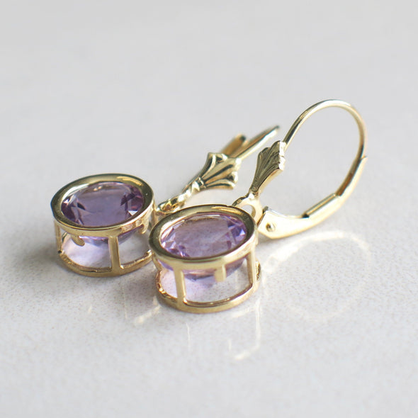 14K Gold Amethyst Dangle Earrings Bezel Set February Birthstone Jewelry
