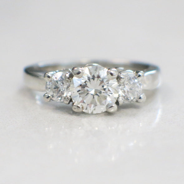 Platinum Three Stone Diamond Engagement Ring 0.95ct Center SI1 E-F 1.35ctw Classic Style Size 4.5 Bright White Round Cut