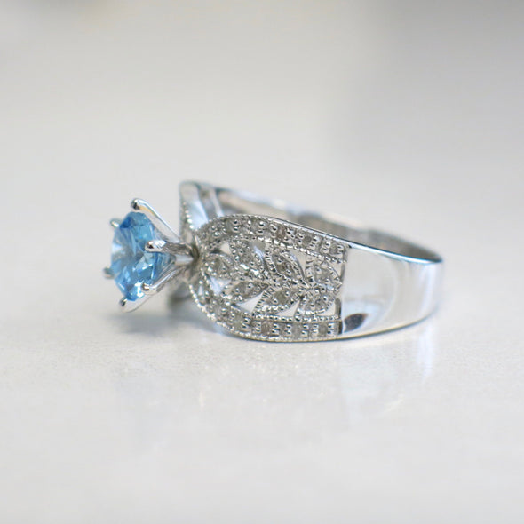 10K White Gold Blue Glass Gem Diamond Wide Band Scroll Ring Vintage Style