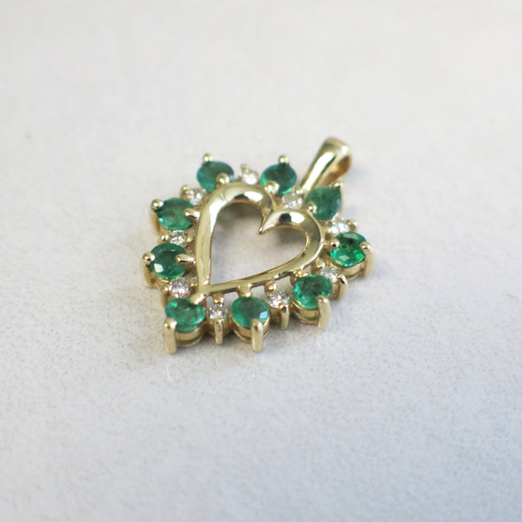 14K Gold Emerald Diamond Heart Pendant Vintage Style May Birthstone