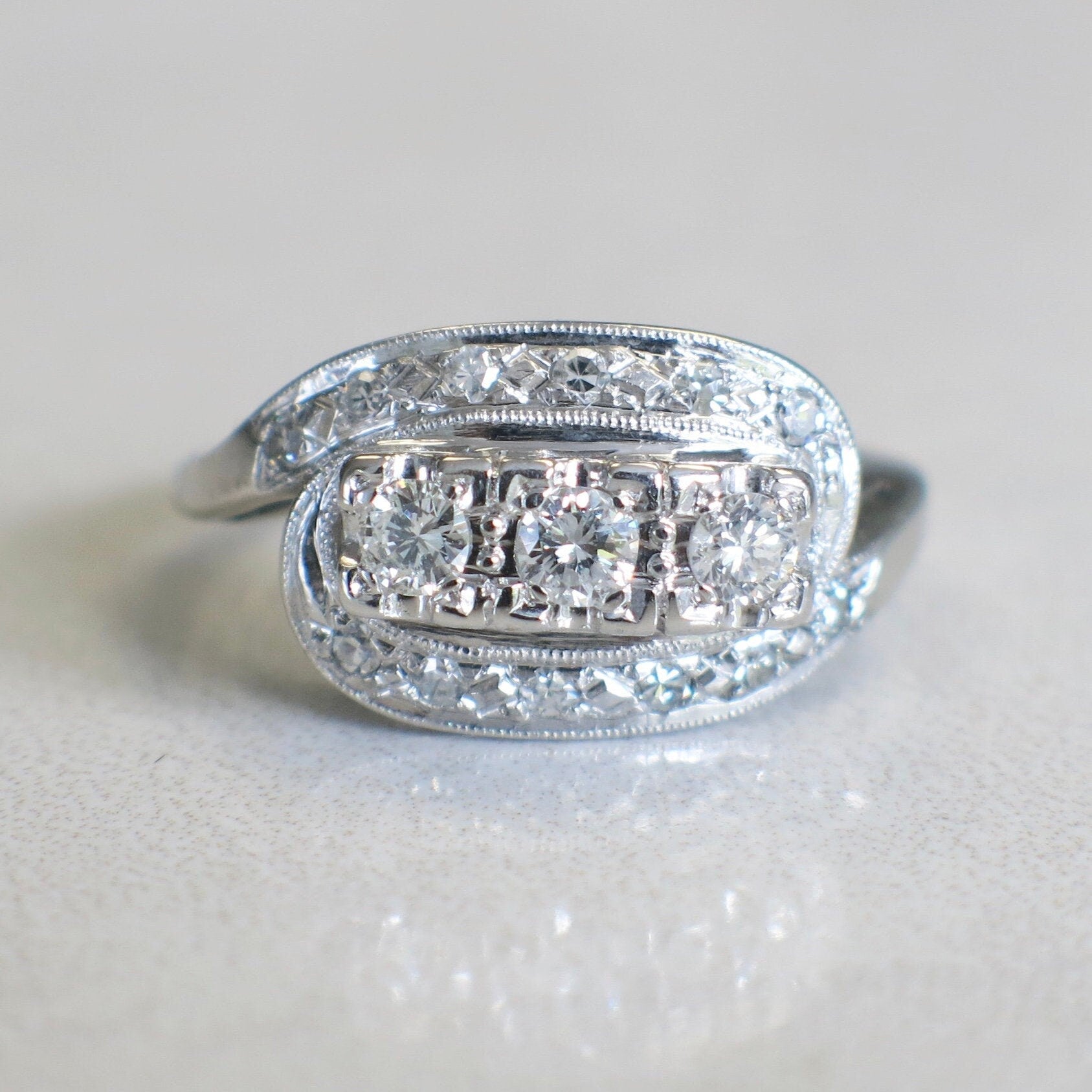 Art Deco 14K White Gold Three Stone Diamond Ring | Vintage Milgrain Engagement or Cocktail Ring - Black Market LLC
