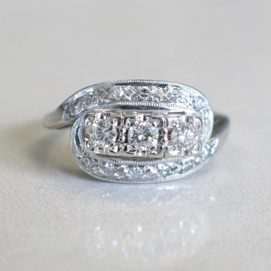 Art Deco 14K White Gold Three Stone Diamond Ring with Milgrain Detail – Vintage Engagement or Cocktail Ring