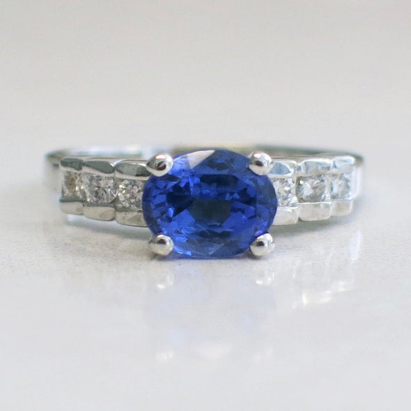 18K White Gold Oval Tanzanite Ring | East to West Setting | Diamond Accented Band | Violet Blue Gemstone Ring | Size 8.5 | Unique Gift