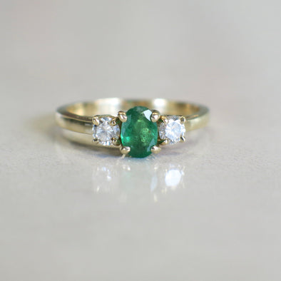 14K Yellow Gold Emerald and Diamond Three-Stone Ring | Classic Engagement or Anniversary