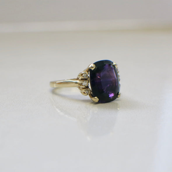 14K Yellow Gold Cushion Cut Amethyst & Diamond Cocktail Ring | Size 5.25