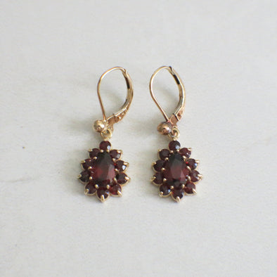 Vintage Garnet Dangle Earrings 14K Gold Pear Halo Drop Earrings