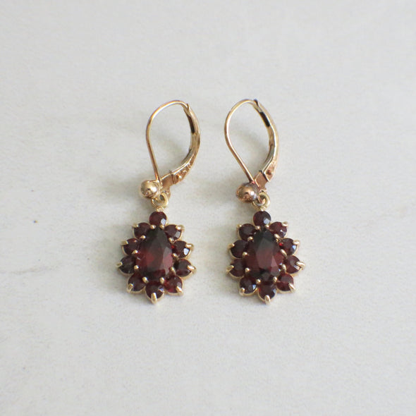 Vintage Garnet Dangle Earrings 14K Gold Pear Halo Drop Earrings