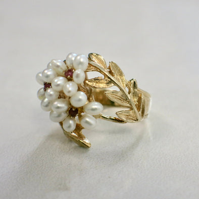 Vintage 14K Gold Pearl and Ruby Leaf Ring – Nature Motif Cluster Cocktail Statement Ring Size 6.5