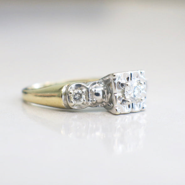 14K Two Tone Diamond Engagement Ring Floral Illusion Setting Size 5.5