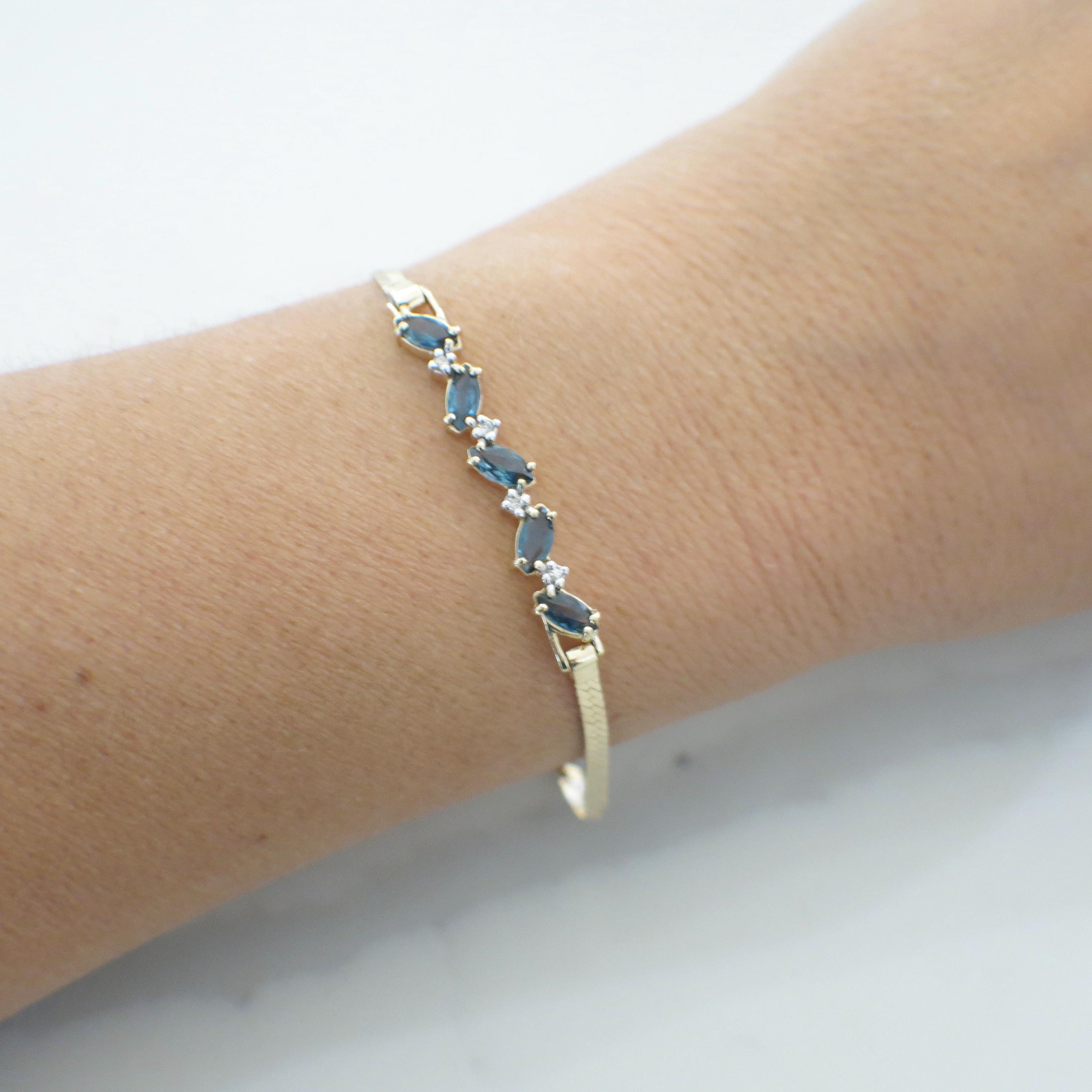 14K Yellow Gold Marquise Sapphire & Diamond Bracelet | Vintage Alternating Blue Gemstone Design 7 Inch - Black Market LLC