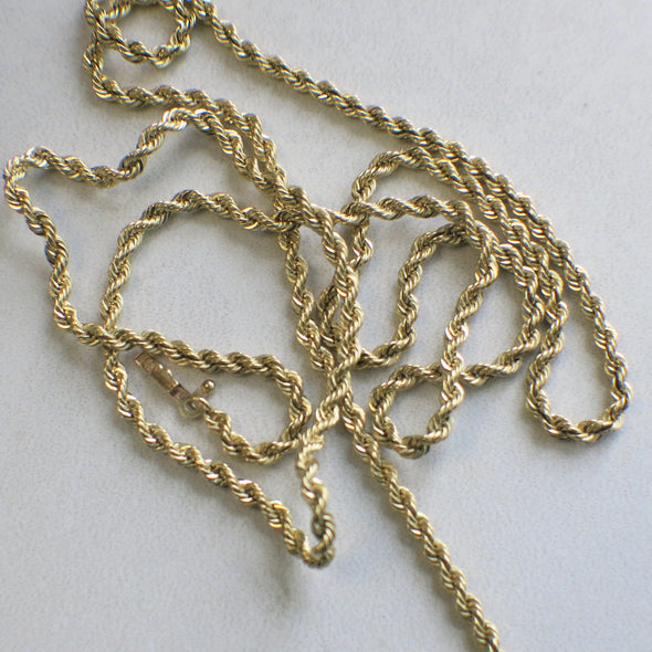 14K Yellow Gold Rope Chain Necklace – 24” Long, 2.4mm Wide, 12.7g, Classic Layering Chain