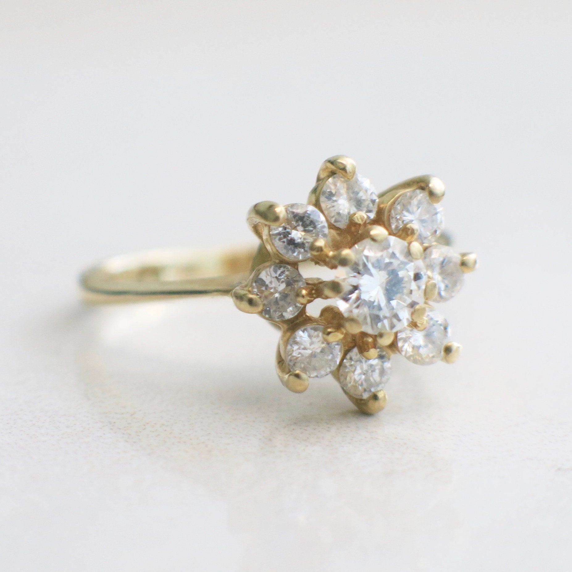 Vintage 14K Yellow Gold Diamond Flower Cluster Ring | Round Brilliant 1.02 CTW Size 7.5 - Black Market LLC