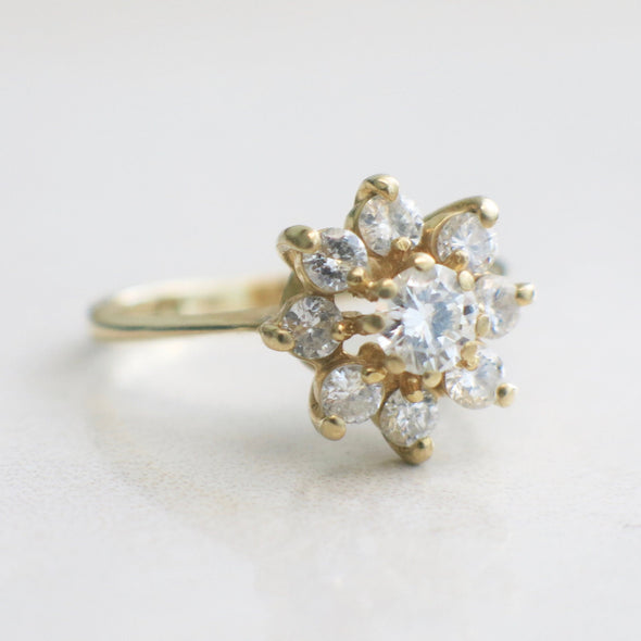 Vintage 14K Yellow Gold Diamond Flower Cluster Ring, Round Brilliant Cut, Alternative Engagement Ring