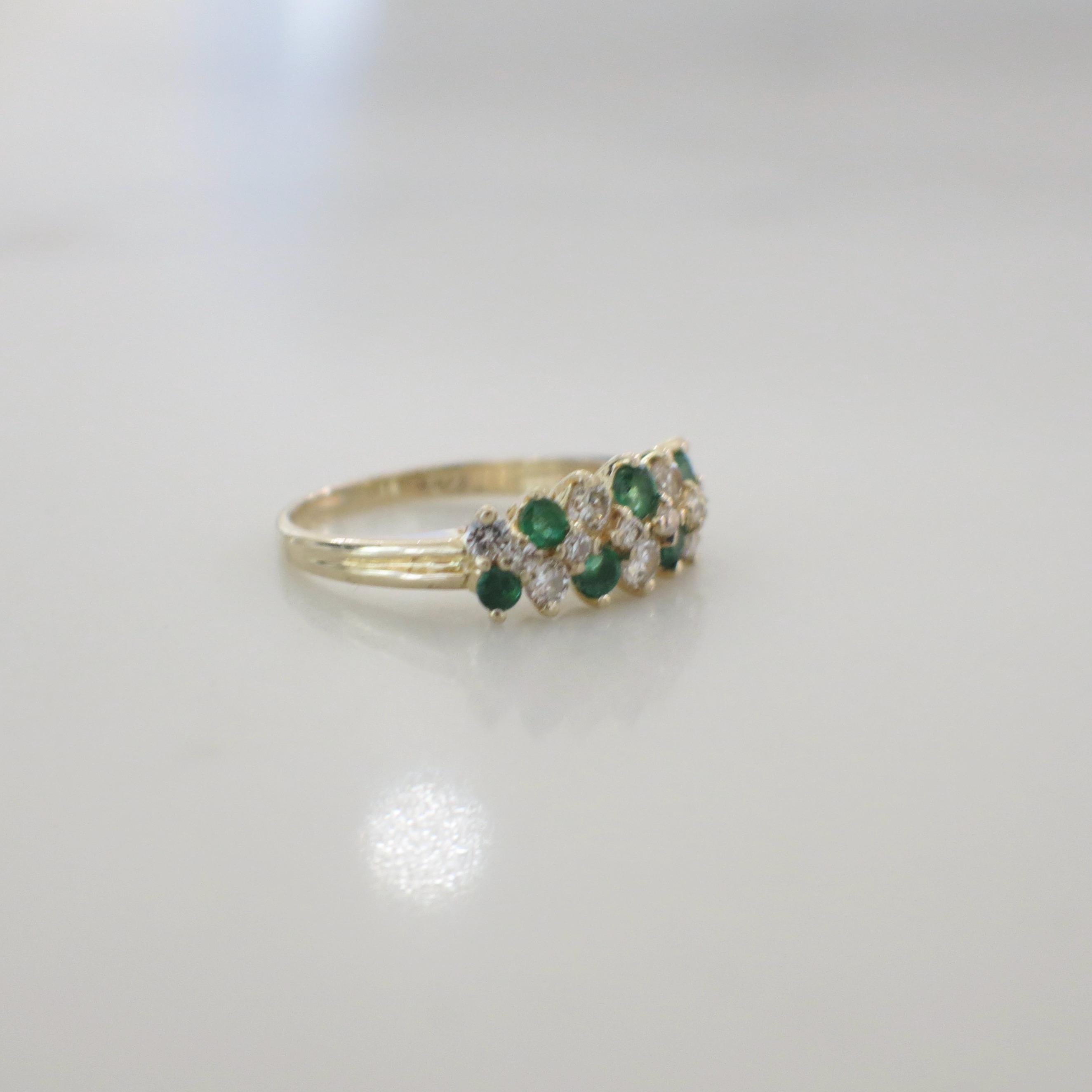 14K Yellow Gold Emerald and Diamond Band – Vintage Cluster Ring Size 6.25 - Black Market LLC
