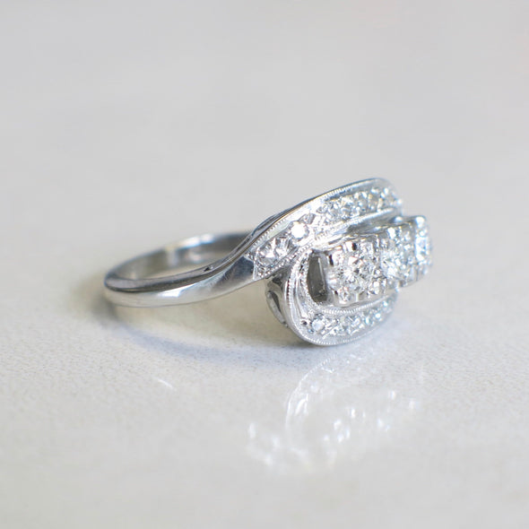 Art Deco 14K White Gold Three Stone Diamond Ring | Vintage Milgrain Engagement or Cocktail Ring