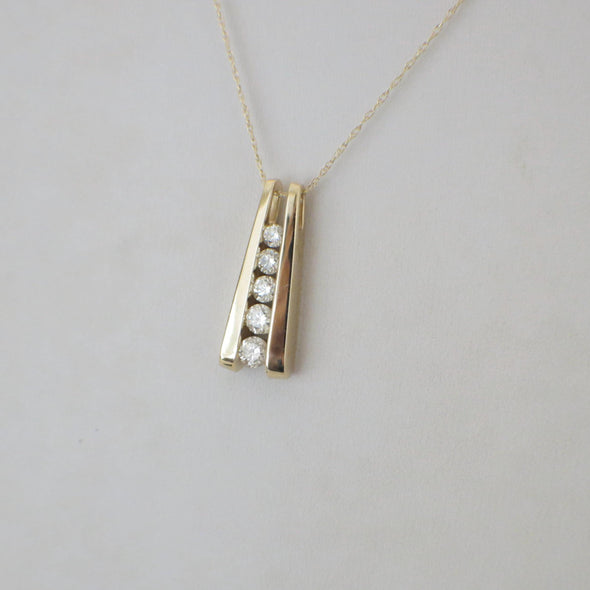 14K Yellow Gold Diamond Journey Pendant Necklace • Five Stone Vertical Necklace • .40ct Diamond Bar Necklace • Gold Pendant Necklace Gift