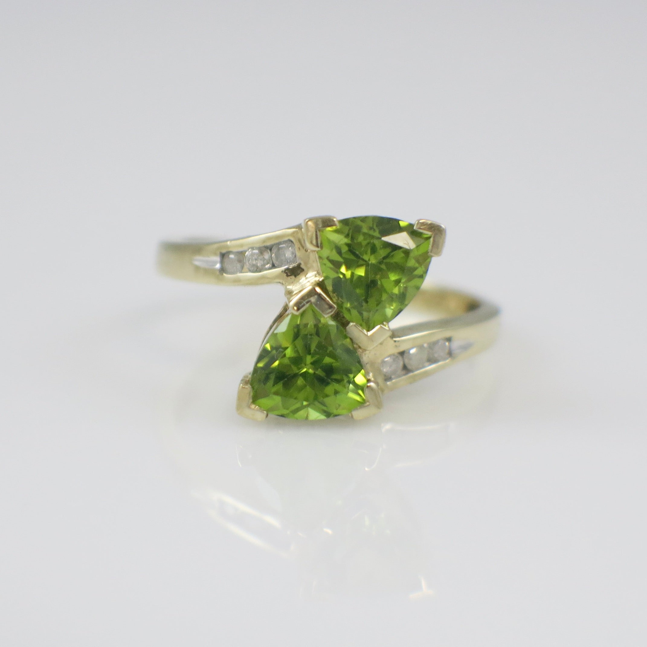 10K Yellow Gold Peridot Ring – Trillion Cut Bypass Ring with Diamond Accents