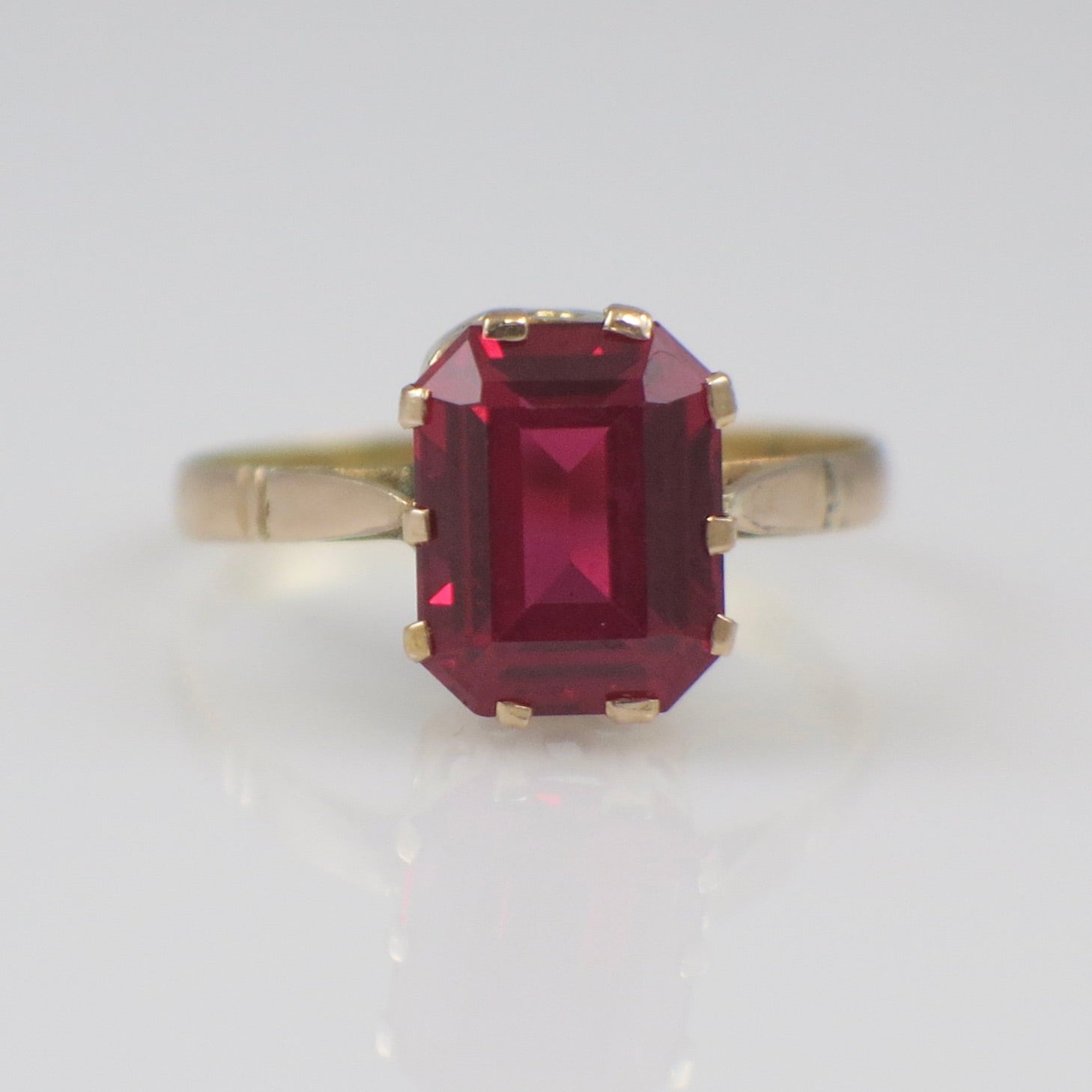 14K Yellow Gold Lab Ruby Ring – 9×7 mm Emerald Cut Vintage Ruby Solitaire
