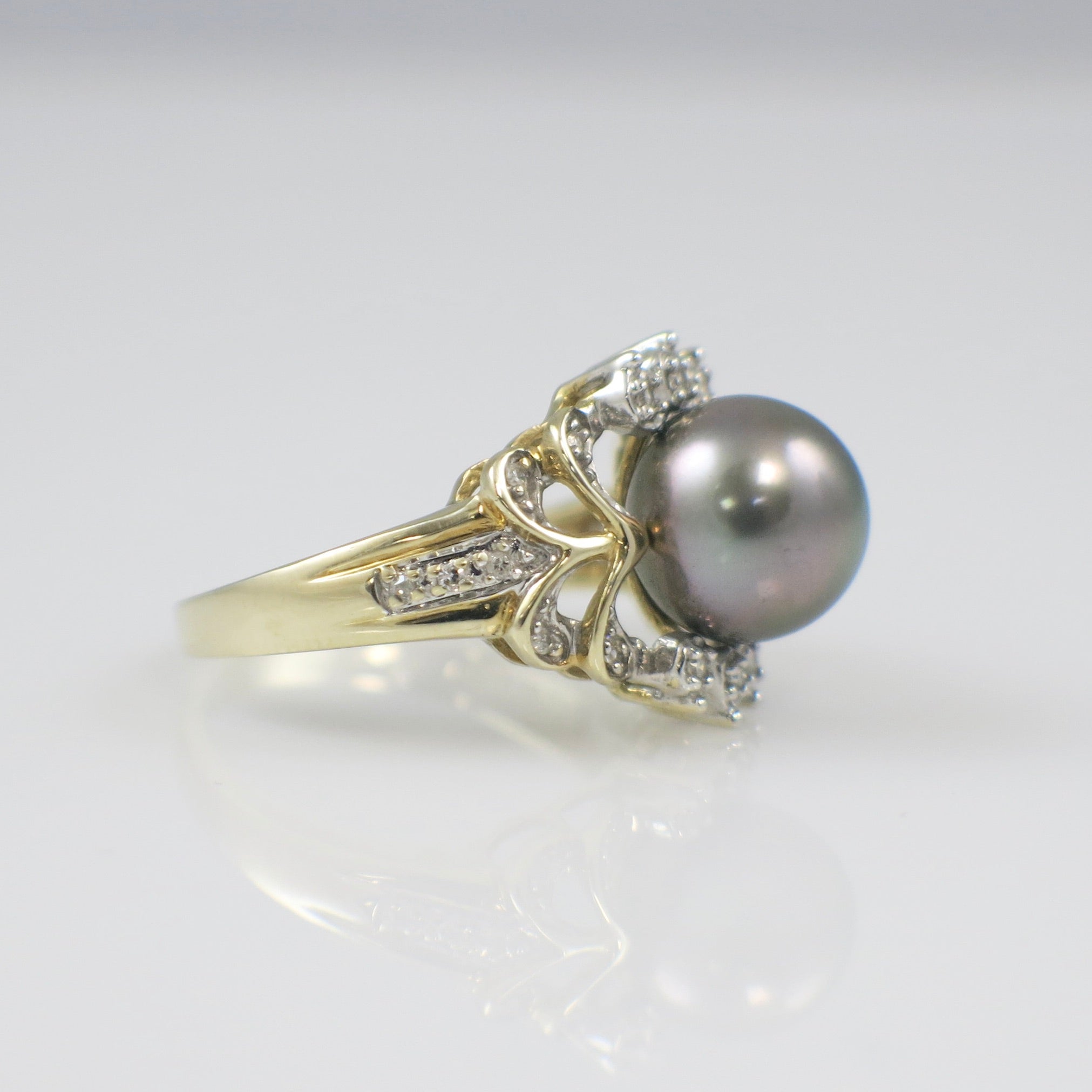 14K Yellow Gold Black Pearl Ring – 9.2mm Pearl with Diamond Accents, Vintage Floral Cluster