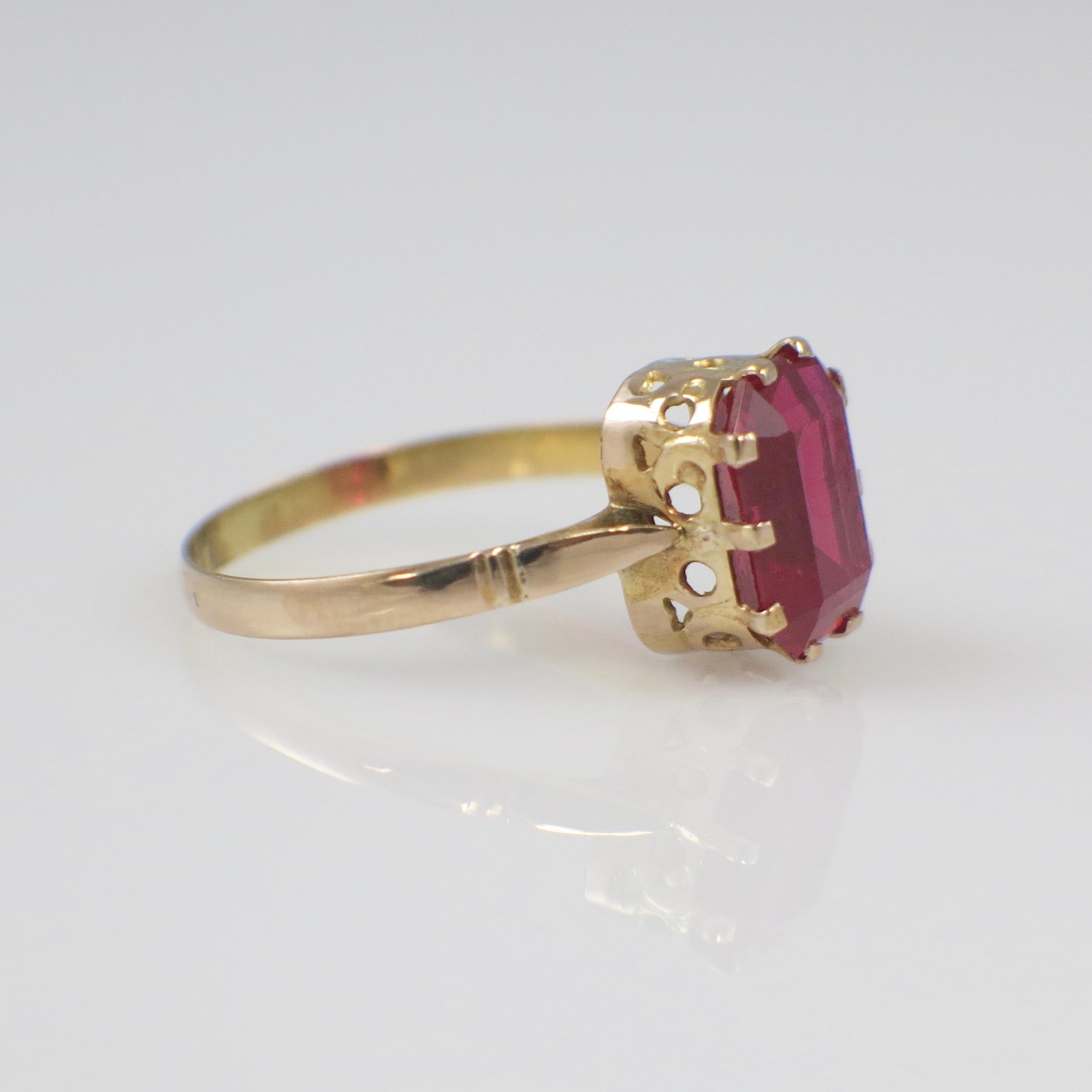 14K Yellow Gold Lab Ruby Ring – 9×7 mm Emerald Cut Vintage Ruby Solitaire
