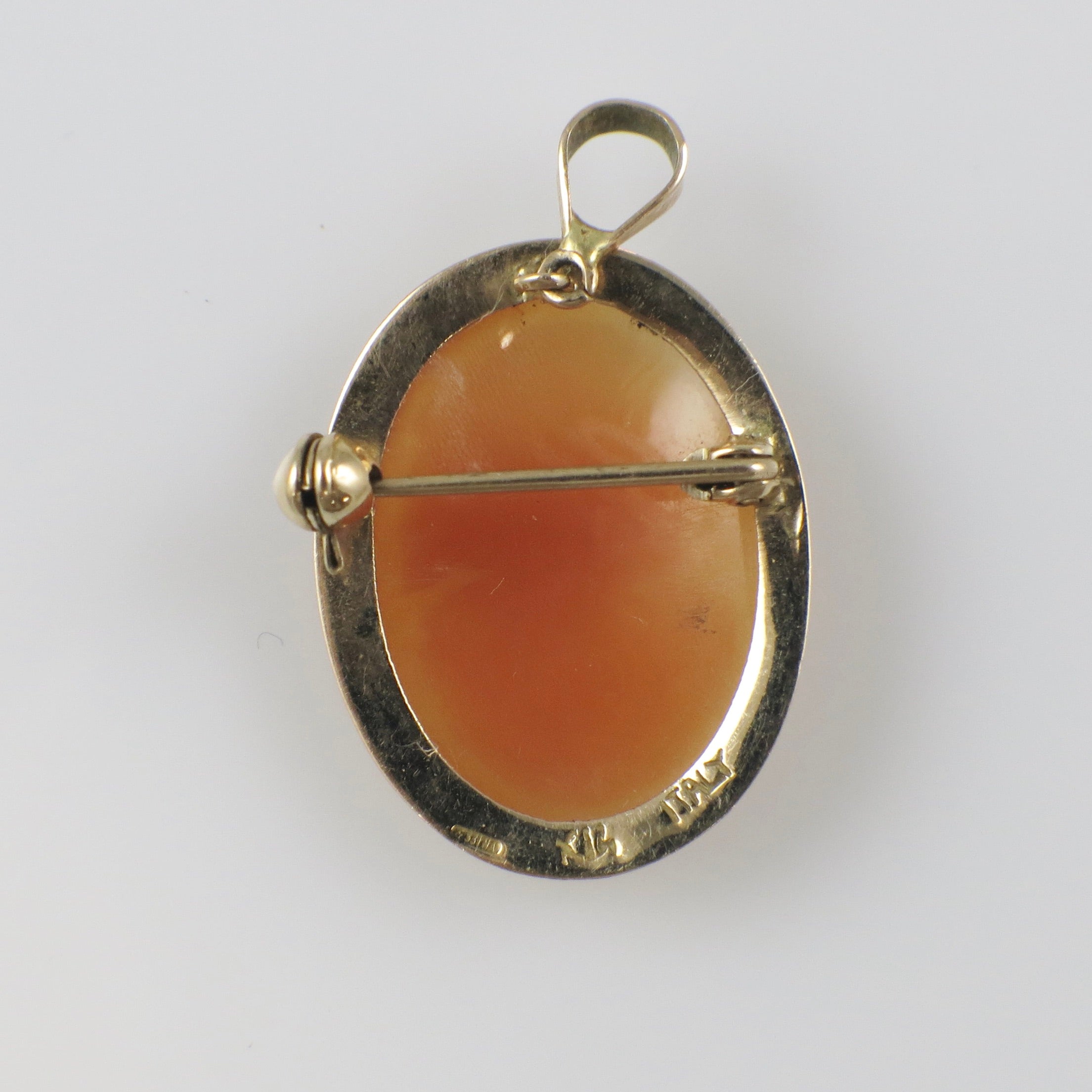 Italian Hand Carved Shell Cameo Pendant Brooch in 14K Gold
