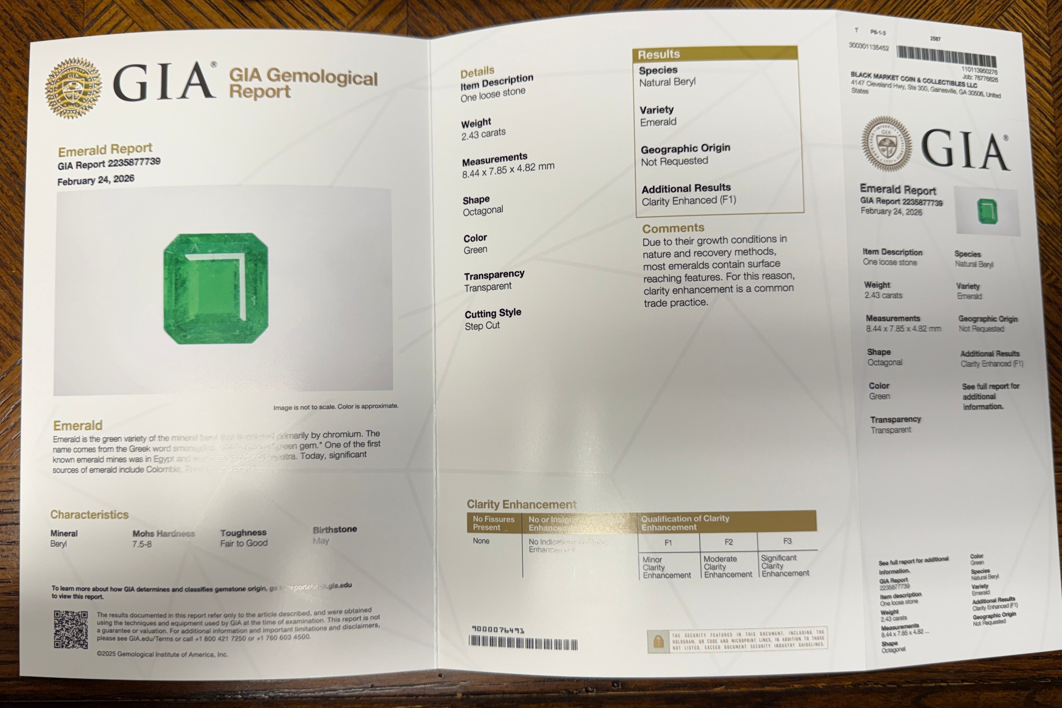 GIA Certified Emerald 2.43ct Octagonal Step Cut, F1 Minor Enhancement, 8.44 x 7.85mm