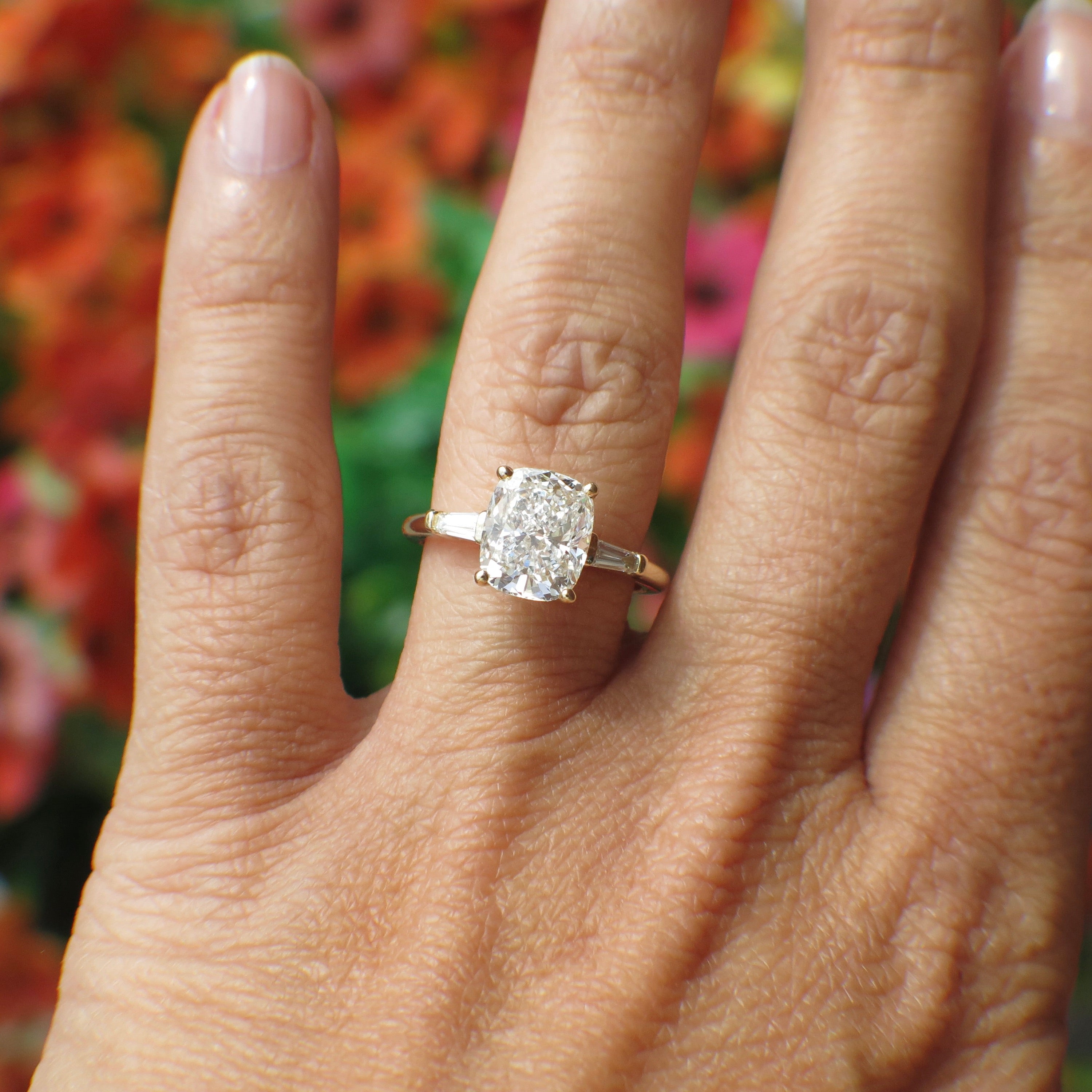 Custom 2.90 CTW Lab Grown Elongated Cushion Diamond Three Stone Engagement Ring in 14K Yellow Gold