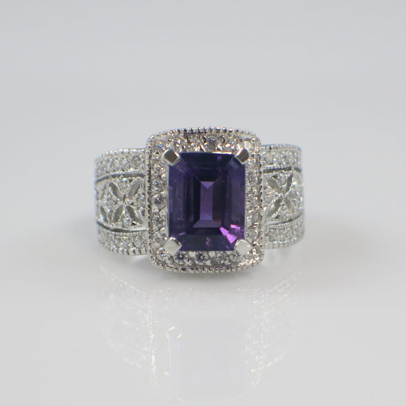 Emerald Cut Amethyst and Diamond Halo Ring in 14K White Gold – February Birthstone Jewelry