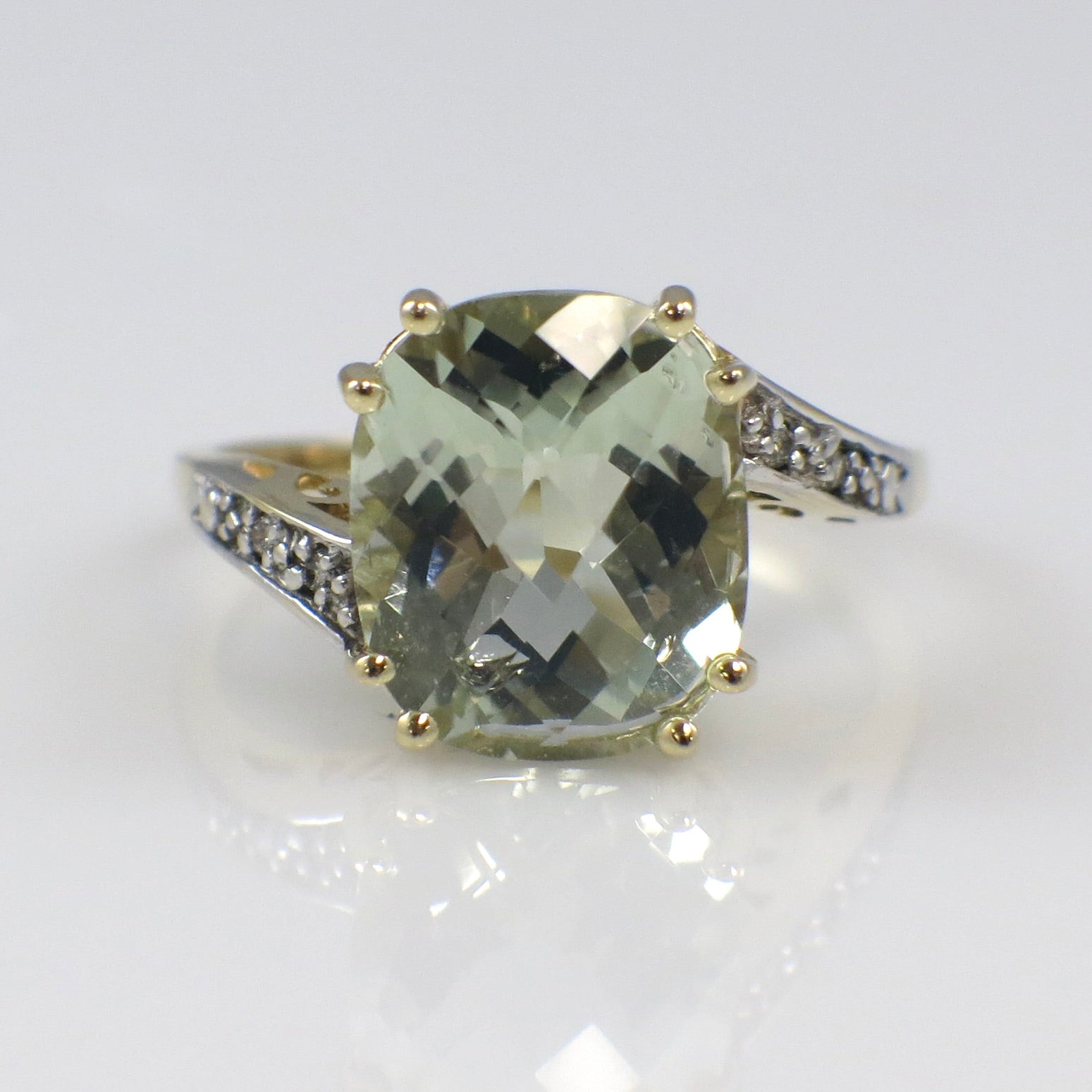 Vintage 14K Gold Prasiolite Quartz Ring with Diamond Accents