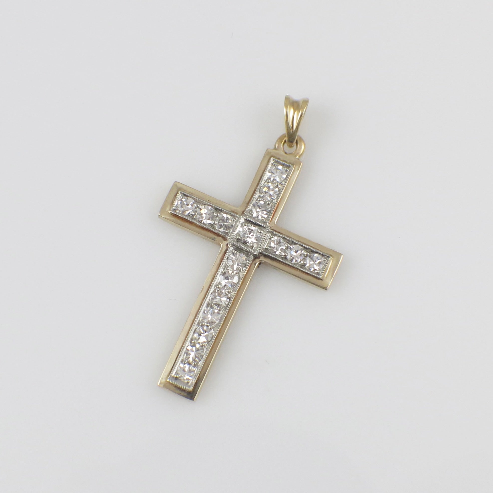 18K Gold Diamond Cross Pendant – Vintage Two-Tone Milgrain, 0.85 CTW