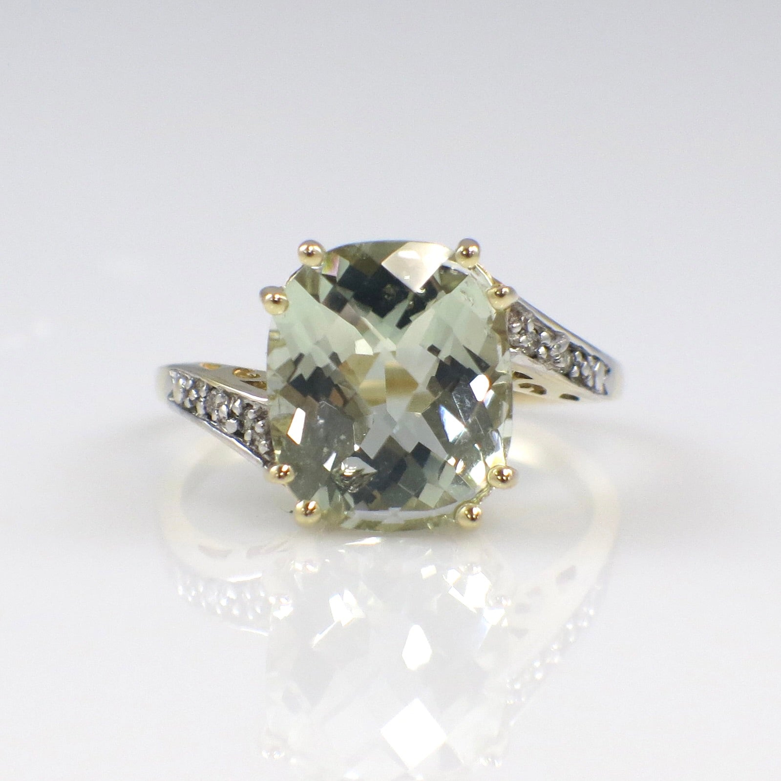 Vintage 14K Gold Prasiolite Quartz Ring with Diamond Accents