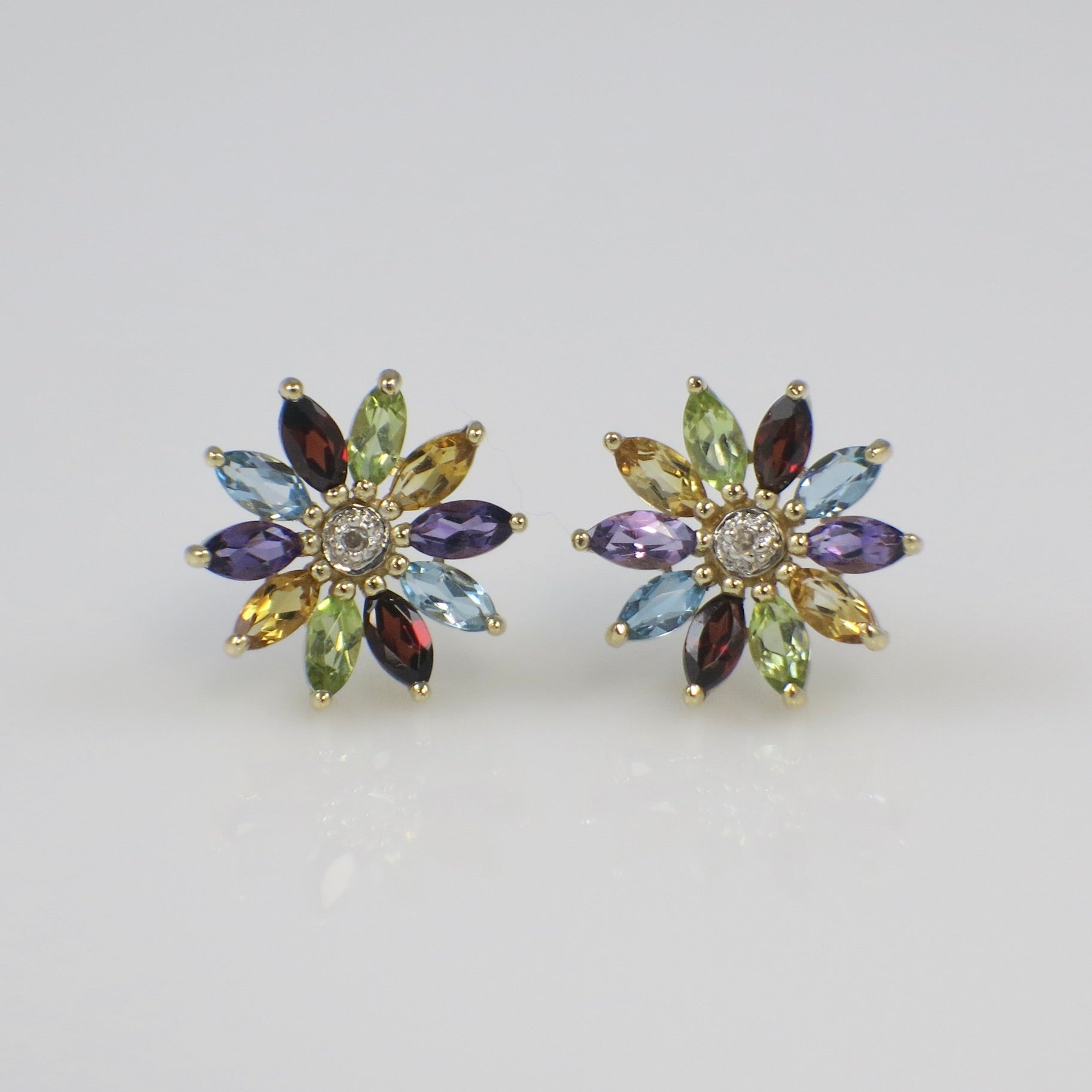 14K Yellow Gold Multi-Gemstone and Diamond Stud Earrings (Amethyst, Peridot, Citrine, Topaz, Garnet – Matching Pendant Design) - Black Market LLC