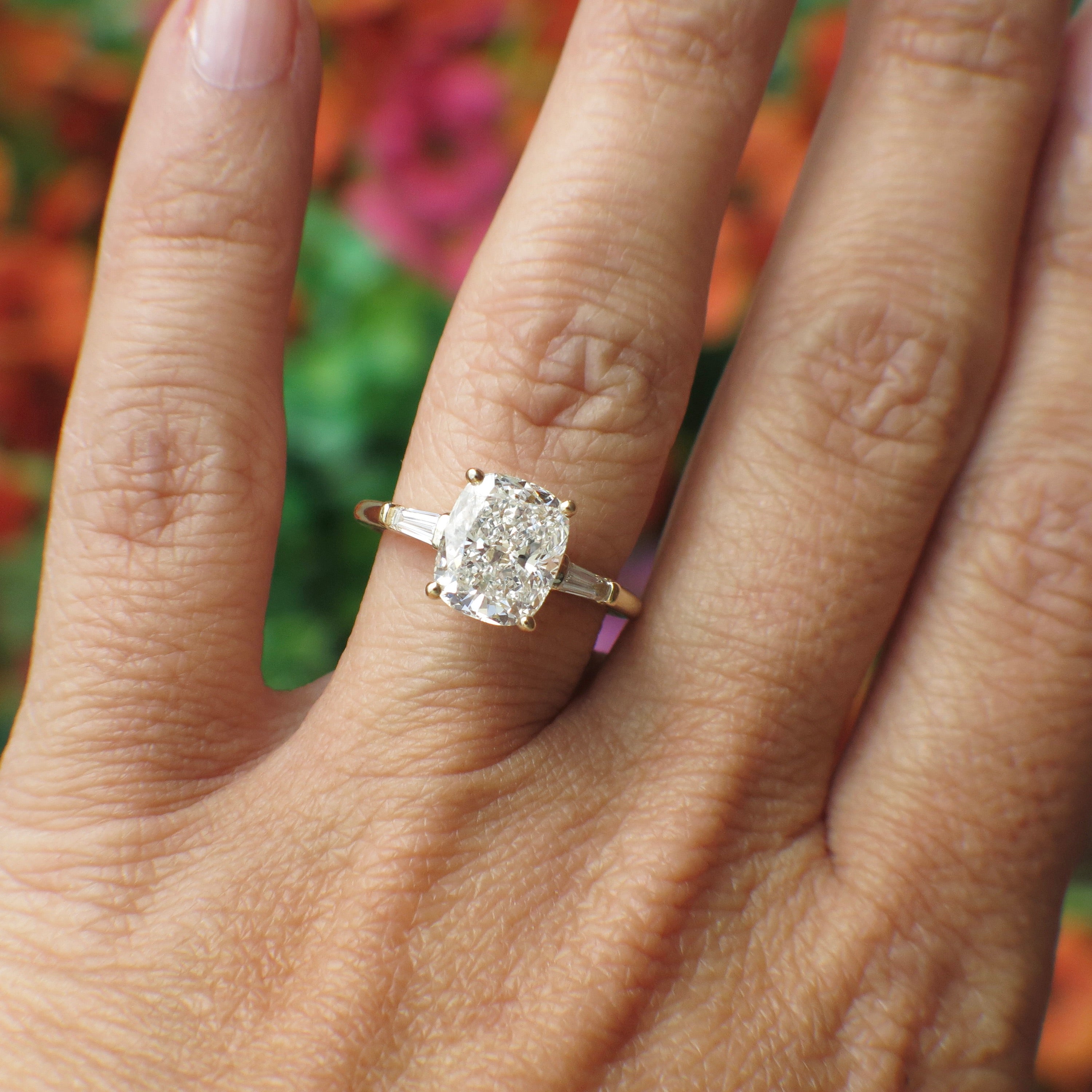 Custom 2.90 CTW Lab Grown Elongated Cushion Diamond Three Stone Engagement Ring in 14K Yellow Gold