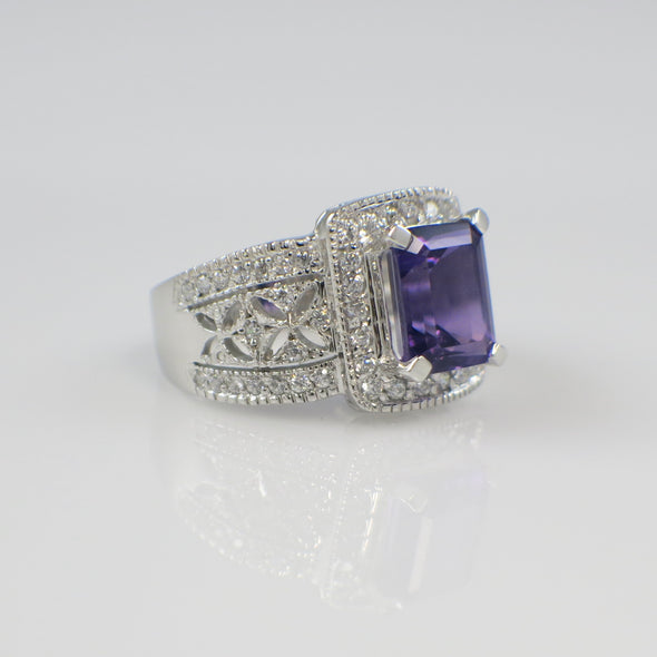 Emerald Cut Amethyst and Diamond Halo Ring in 14K White Gold – February Birthstone Jewelry