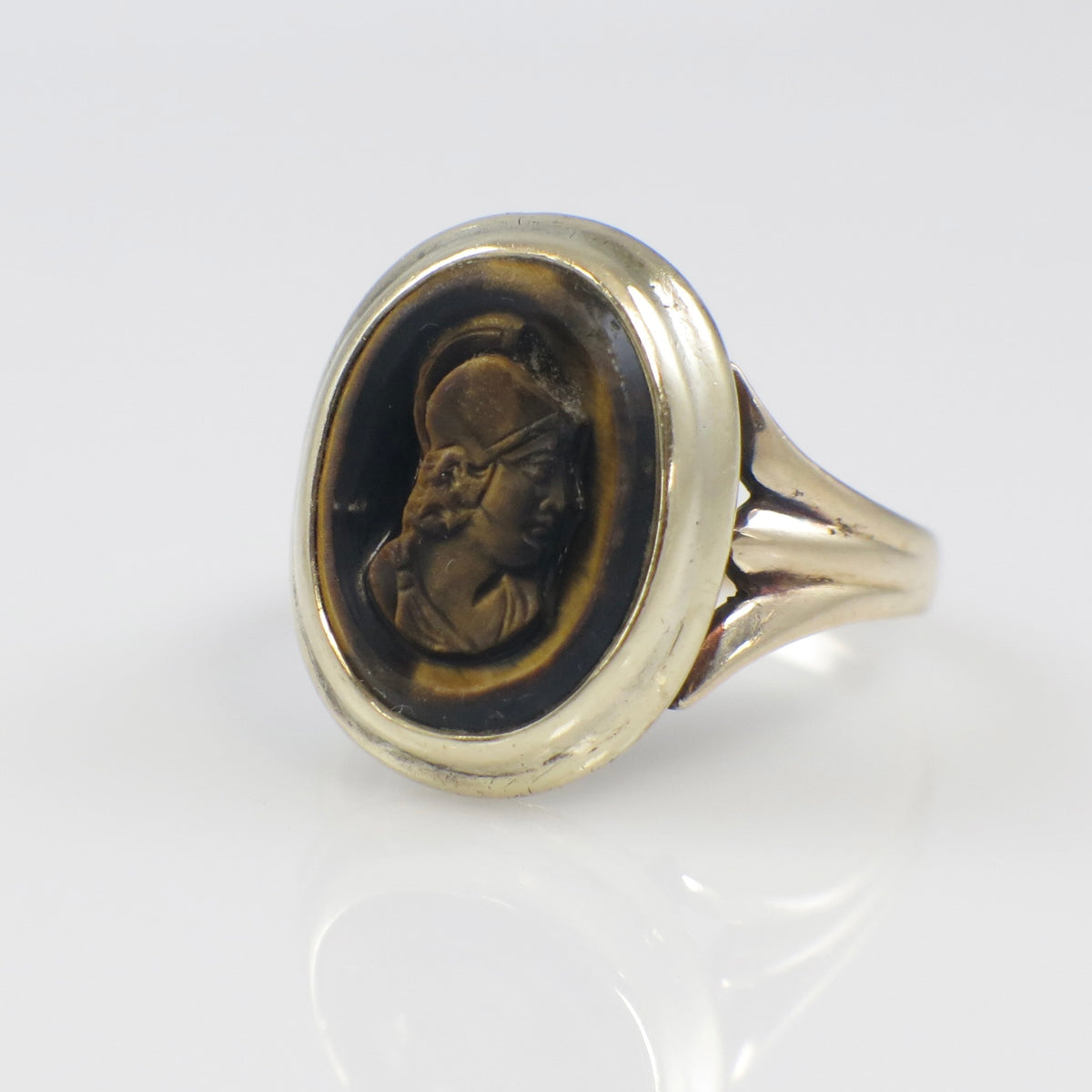 14K Gold Tiger's Eye Roman Warrior Cameo Ring