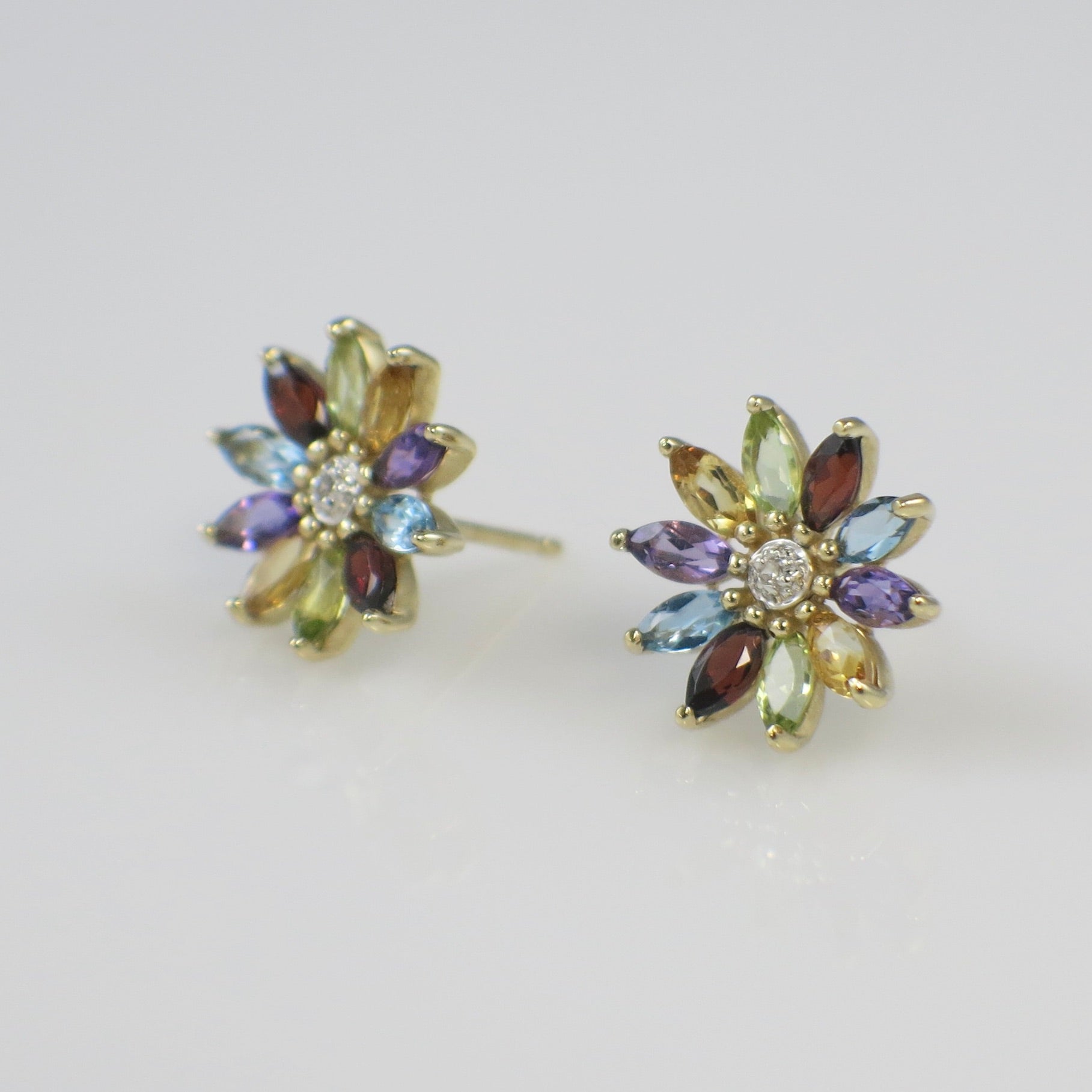 14K Yellow Gold Multi-Gemstone and Diamond Stud Earrings (Amethyst, Peridot, Citrine, Topaz, Garnet – Matching Pendant Design) - Black Market LLC