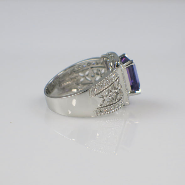 Emerald Cut Amethyst and Diamond Halo Ring in 14K White Gold – February Birthstone Jewelry
