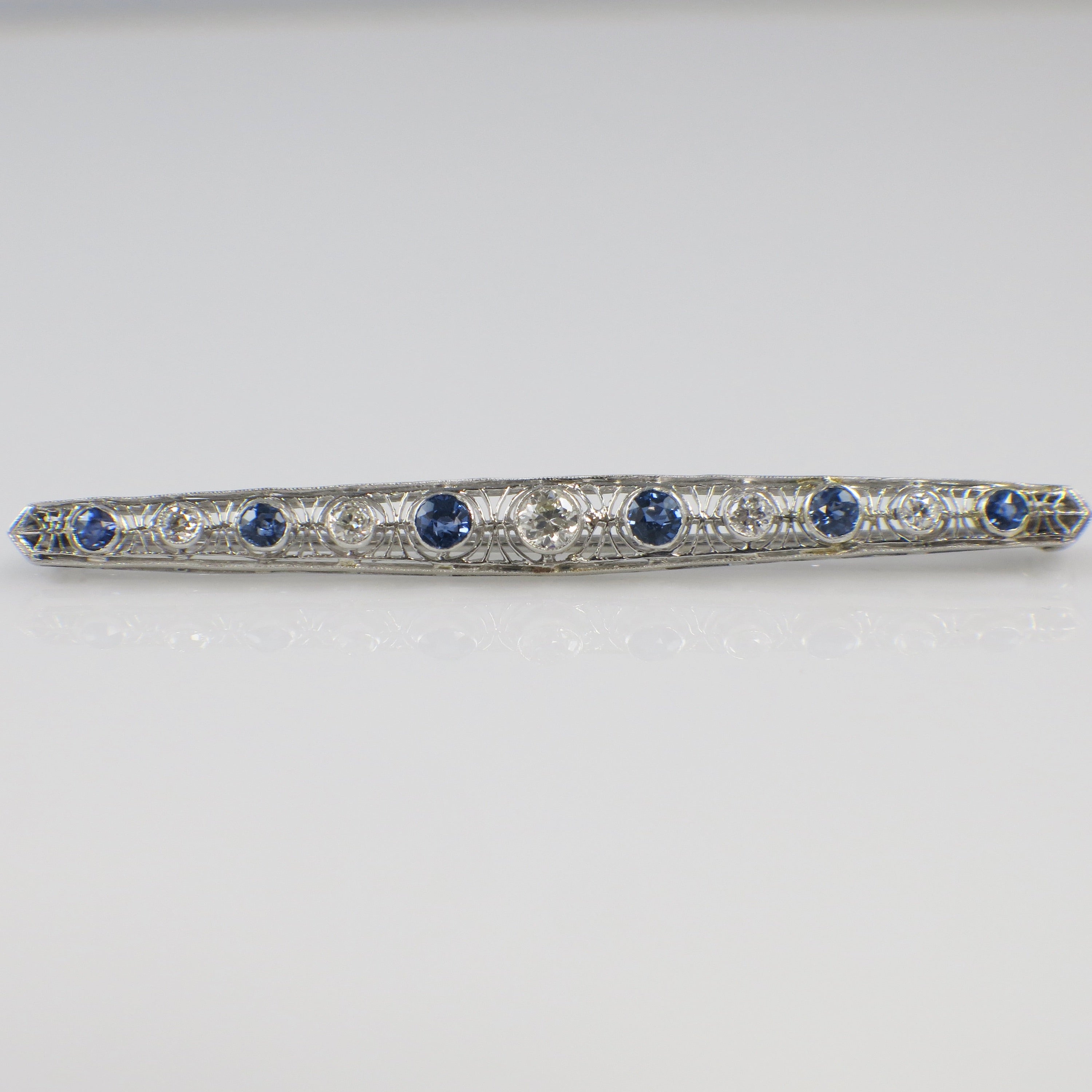 Art Deco 14K White Gold Diamond & Sapphire Pin