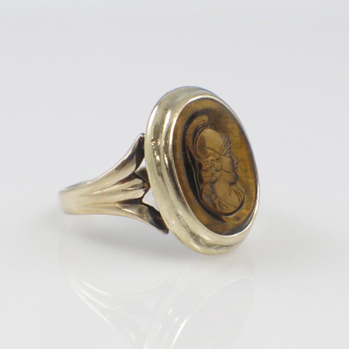14K Gold Tiger's Eye Roman Warrior Cameo Ring
