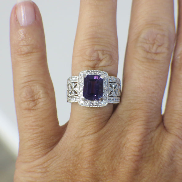 Emerald Cut Amethyst and Diamond Halo Ring in 14K White Gold – February Birthstone Jewelry