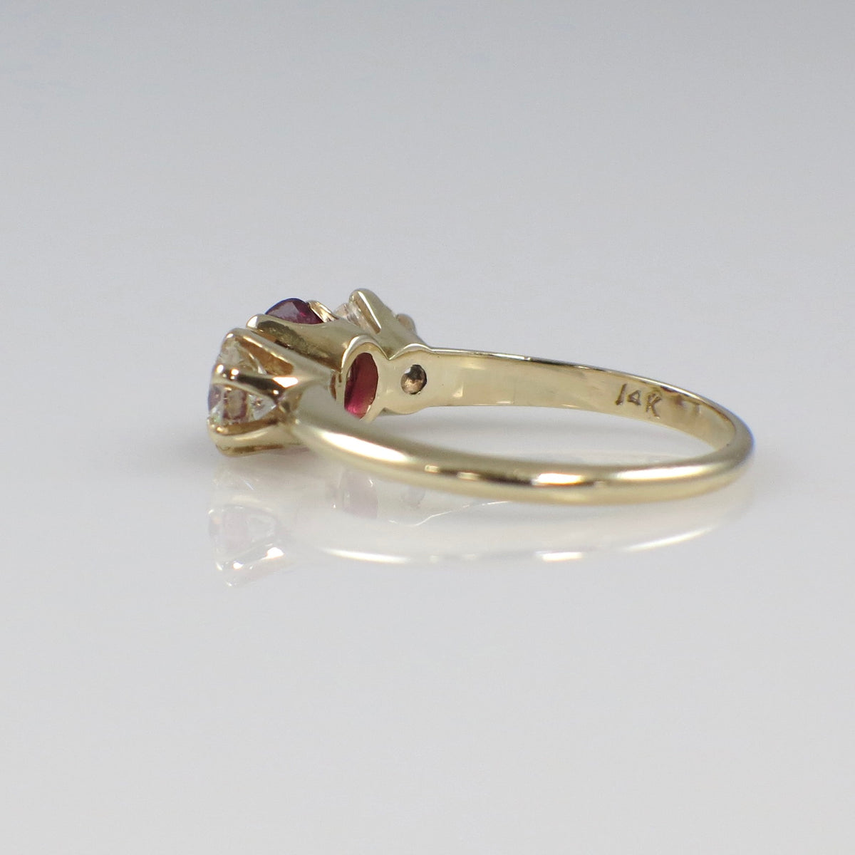 14K yellow gold ruby and diamond three-stone ring with vintage style, 1.00ctw, size 5.75, by Black Market LLC