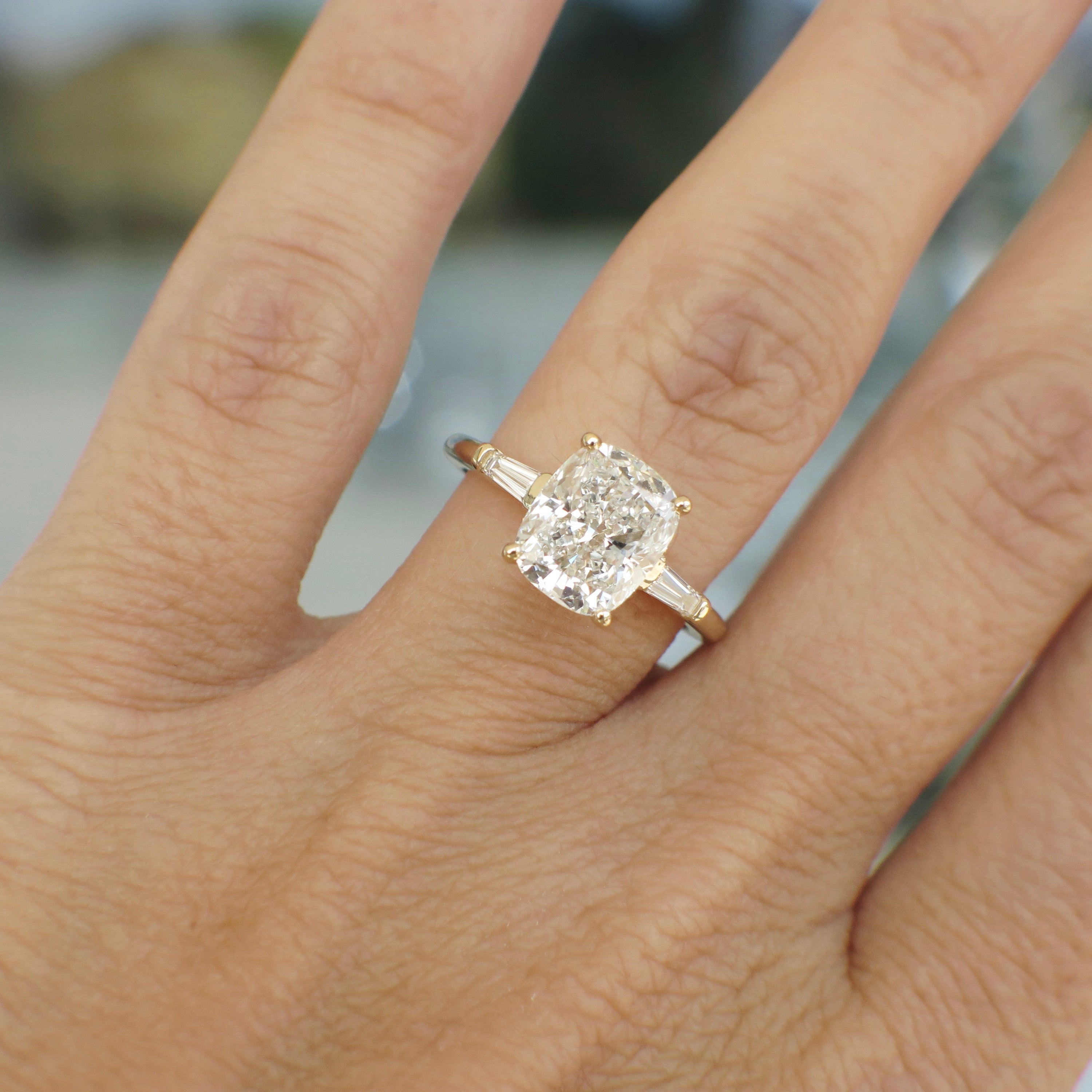 Custom 2.90 CTW Lab Grown Elongated Cushion Diamond Three Stone Engagement Ring in 14K Yellow Gold