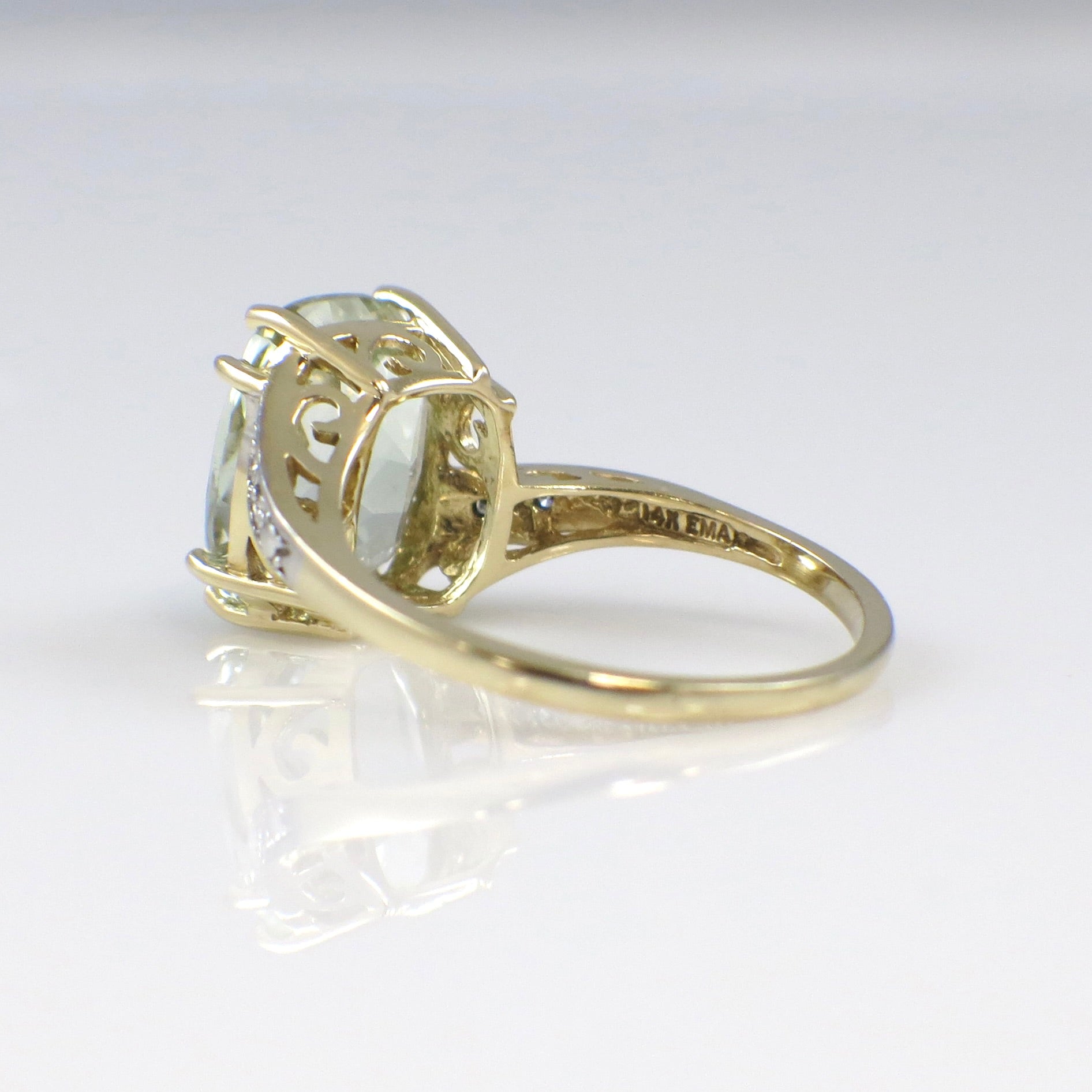 Vintage 14K Gold Prasiolite Quartz Ring with Diamond Accents