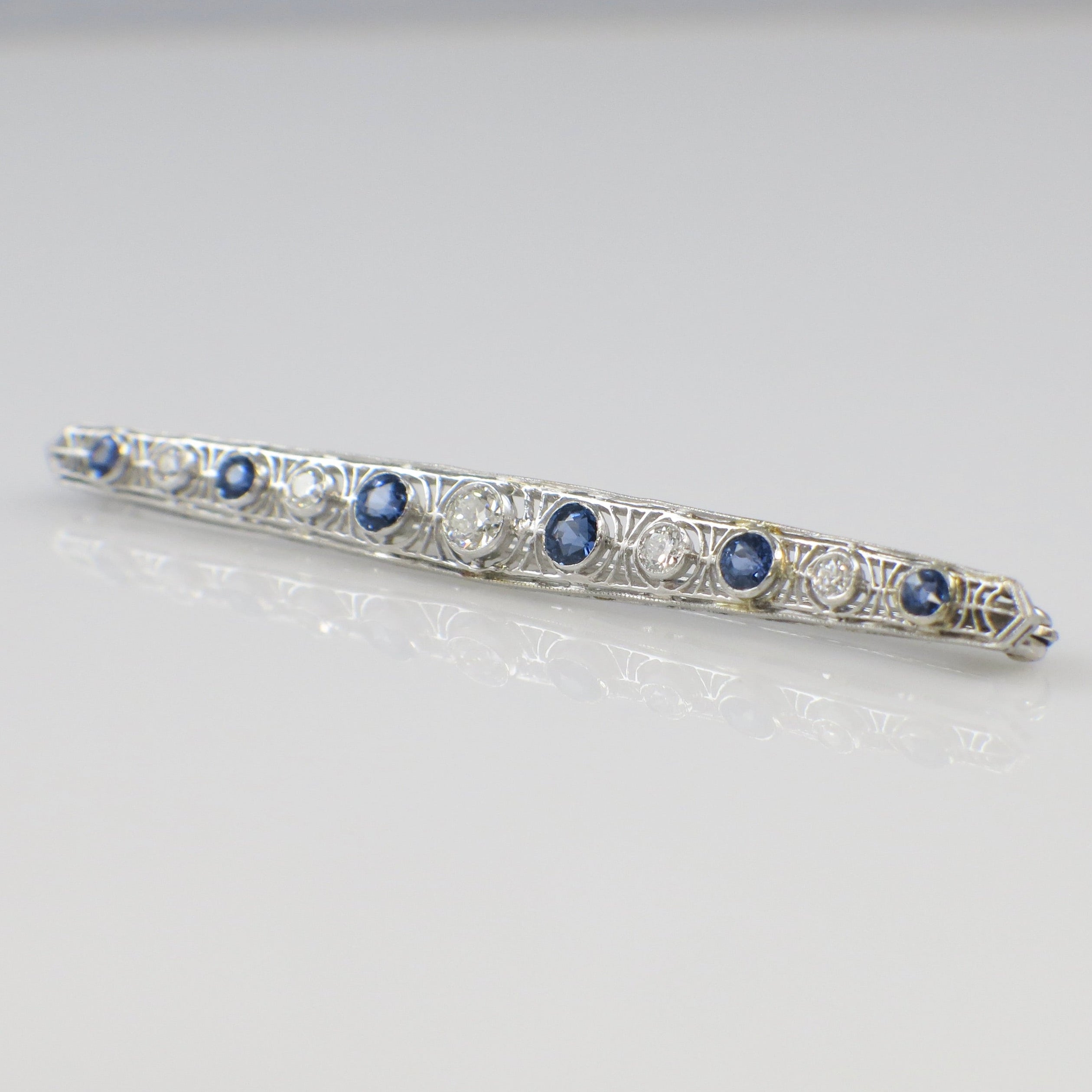 Art Deco 14K White Gold Diamond & Sapphire Pin